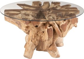 Prírodný coffee stôl z teakového dreva a sklenenou doskou na kmeni Raoul teak - Ø90*45cm