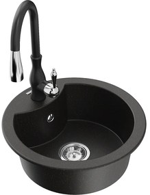 Mexen Diego, 1-komorový granitový drez 488x488x167 mm a drezová batéria Savita, čierna-zlatá metalíza, 6512-75-672601-70