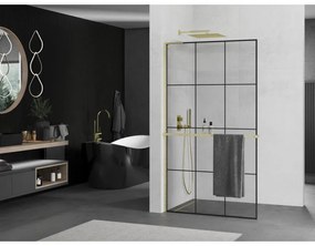 Mexen Kioto+ L, sprchová zástena Walk-In s poličkou a vešiakom 120 x 200 cm, 8mm číre sklo čierny vzor, zlatý matný profil, 800-120-123-55-77