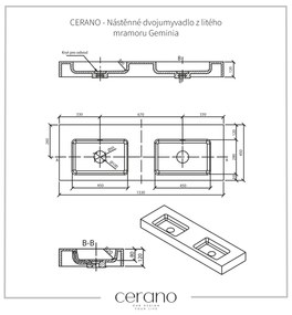 Cerano Geminia, nástenné dvojumývadlo z liateho mramoru s podpornou konzolou 133x46x45 cm, biela-čierna, CER-CER-WA08-08SH