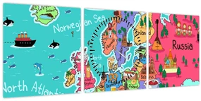 Obraz - Detská mapa Európy (s hodinami) (90x30 cm)