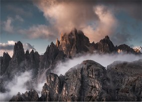Sklenený obraz - Talianske dolomity schované v hmle (70x50 cm)