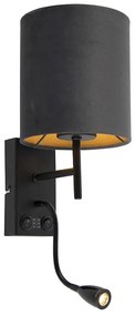 Art Deco nástenná lampa čierna s tmavosivým zamatovým tienidlom - Stacca