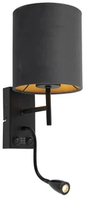 Art Deco nástenná lampa čierna s tmavosivým zamatovým tienidlom - Stacca