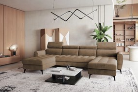 Pohodlná rohová sedačka Bjorn U s funkciou spania vo svetlohnedej farbe