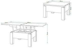 Mazzoni OSLO dub artisan / čierny mat, rozkladací konferenčný stolík s výškovo nastaviteľnou stolovou doskou