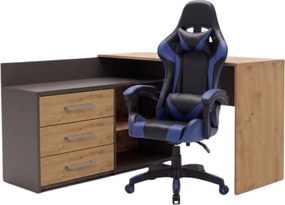 Rohový psací stůl Dany dub Artisan/antracit s herním křeslem Remus černo-modrým