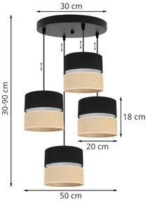 Závesné svietidlo Juta, 4x jutové/čierne textilné tienidlo, o, b