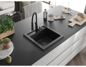 Mexen Vito, 1-komorový granitový drez 490x520x210 mm a drezová batéria Aster, čierna-strieborná metalíza, 6503-73-73450-70-B