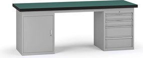 Pracovný stôl do dielne G8, 2100 x 750 x 800 mm, 1x skrinka, 1x kontejner, 4 zásuvky, sivá