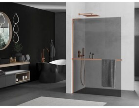 Mexen Kioto+ L, sprchová zástena Walk-In s poličkou a vešiakom 90 x 200 cm, 8mm šedé sklo, ružové zlato profil, 800-090-123-60-40
