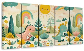 5-dielny obraz veselé dinosaury v dúhovej krajine