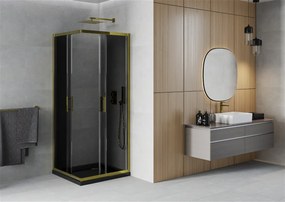 Mexen Rio, štvorcový sprchovací kút s posuvnými dverami 80 (dvere) x 80 (dvere) x 190 cm, 5mm šedé sklo, zlatý profil + čierna sprchová vanička SLIM, 860-080-080-50-40-4070G