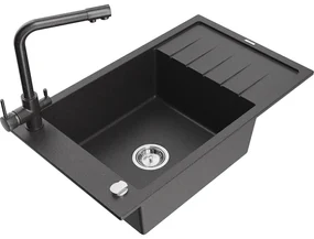 Mexen Elias, 1-komorový granitový drez s odkvapkávačom 795x480x200 mm a čierna batéria Duero, čierna - škvrnitá, 6511-76-671600-76