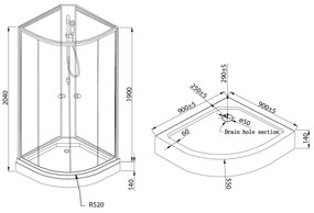 Aqualine AIGO, štvrťkruhový sprchový box, zástena 900x900x2040mm, biely profil, číre sklo, YB93