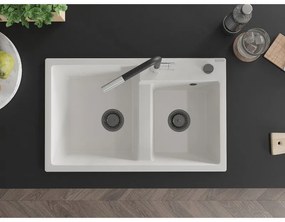 Mexen Tomas, 2-komorový granitový drez 800x500x190 mm a drezová batéria Flora, biela, 6516-20-670401-07-B