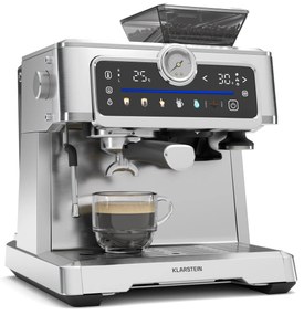 Klarstein GrandPresso Touch kávovar, 20 barov, integrovaný mlynček, indikátor tlaku, mliečna pena