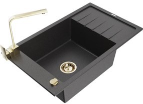 Mexen Elias, granitový drez granitový 795x480x200 mm, 1-komorový, čierna škvrnitá so zlatým sifónom a zlatá drezová batéria Rita, 6511-76-670300-50