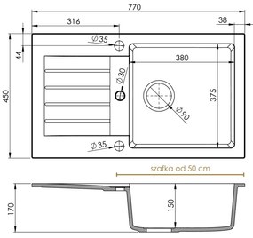 Sink Quality Natalie, kuchynský granitový drez 770x450x170 mm + chrómový sifón, čierna, SKQ-NAT.C.1KDO.X