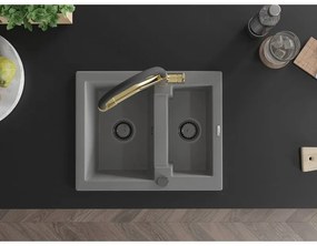 Mexen Carlos, 1,5-komorový granitový drez 582x475x177 mm a drezová batéria Duo, šedá, 6518-71-671701-57-B
