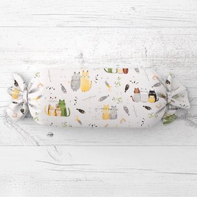Biante Detský vankúš valec bonbon Sandra SA-652 Mačací svet zeleno-žltý na bielom 15x60 cm