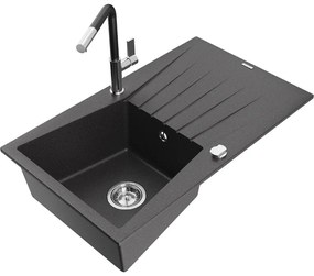 Mexen Cesar, 1-komorový granitový drez 775x470x190 mm a drezová batéria Flora, čierna škvrnitá, 6514-76-670401-07