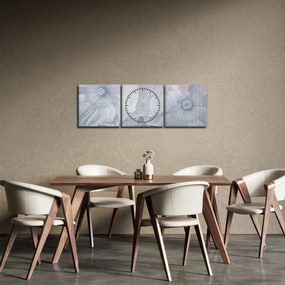 Obraz - Modré kvety na stene (s hodinami) (90x30 cm)