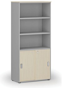 Kombinovaná kancelárska skriňa PRIMO GRAY, zasúvacie dvere na 2 poschodia, 800 x 420 x 1781 mm, sivá/breza