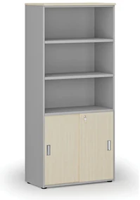 Kombinovaná kancelárska skriňa PRIMO GRAY, zasúvacie dvere na 2 poschodia, 800 x 420 x 1781 mm, sivá/breza