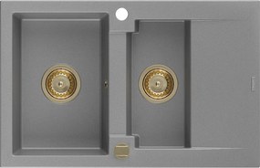 Mexen Gaspar, granitový drez 737x475x177 mm, 1,5-komorový, šedá so zlatým sifónom, 6507731505-71-G