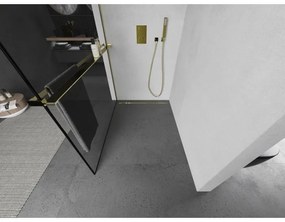 Mexen Kioto+, sprchová zástena s poličkou a držiakom na uteráky 140 x 200 cm, 8mm číre sklo vzor čierny rám, zlatý profil, 800-140-121-50-70