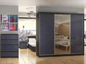 Šatníková skriňa 232 cm Belini čierny mat / šedý lesk s posuvnými dverami a zrkadlom  BM SZP4/2/B/WI/2S1L/HI
