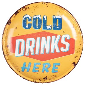 Žltá nástenná kovová okrúhla ceduľa na stenu Cold drinks Here - Ø 35*2 cm