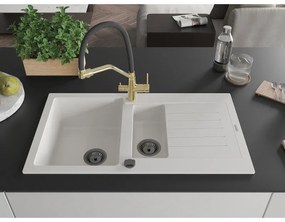 Mexen Matias, 1,5-komorový granitový drez 900x505x200 mm a drezová batéria Duo, biela, 6502-20-671701-57-B