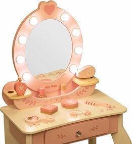 Veľká drevená toaletka ELLY pre deti s LED svetlom a taburetkou ružová