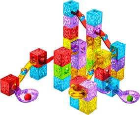 LEAN Toys Magnetické stavebné kocky – kocky, guľôčková dráha, farebné, 60 ks.