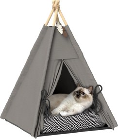 PawHut Teepee stan pre mačky a psov, stan s odnímateľným a prateľným vankúšom, domček pre mačky s protišmykovým dnom, s hračkou, pre mačky do 5 kg a m
