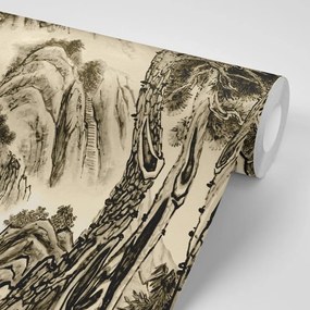 Samolepiaca tapeta čínska sépiová krajinomaľba - 375x250