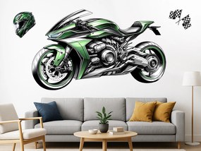 Zelená motorka textilní prelepiteľná nálepka na stenu hárok 46 x 28 cm