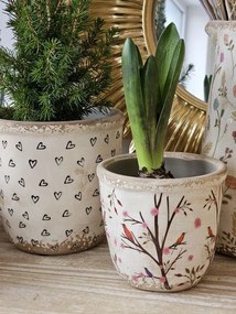 Béžový keramický obal na kvetináč s kvetmi a vtáčikmi Birdie XS - Ø 11*10 cm