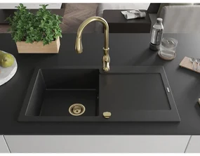Mexen Leo, 1-komorový granitový drez 900x500x190 mm a drezová batéria Savita, čierna, 6501-77-672601-50