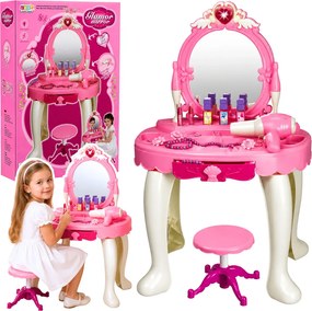 LEAN Toys Detský toaletný stolík so stoličkou, svetielkom, sušičom vlasov, príslušenstvom a zvukmi – ružový