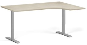 Rohový výškovo nastaviteľný stôl, 160x120 cm, 2 motory, L/P, sivá podnož, dub prírodný
