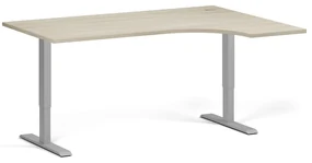 Rohový výškovo nastaviteľný stôl, 160x120 cm, 2 motory, L/P, sivá podnož, dub prírodný