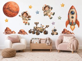Misia na červenú planétu akvarelové nálepky na stenu pre malých astronautov arch 46 x 34 cm