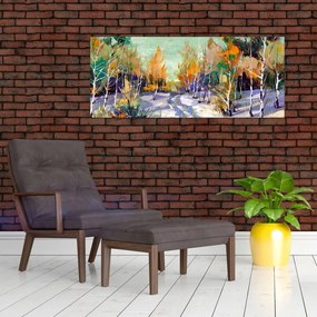 Obraz - Zasnežená cesta lesom, olejomaľba (120x50 cm)