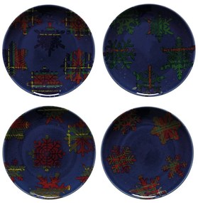 Súprava 4 modro-červených dezertných tanierov z kameniny Casafina Snowflake, ø 21,6 cm