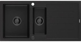 Mexen Andres, granitový drez 1000x500x200 mm, 1,5-komorový, čierna s čiernym sifónom, 6515101510-77-B