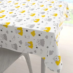 Biante Detský bavlnený štvorcový obrus Sandra SA-725 Medvedíky na žlto-sivých obláčikoch na bielom 50x50 cm