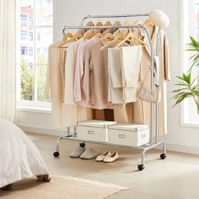 Stojan na šaty, s dvojitou tyčou a policou, kovový, strieborná farba